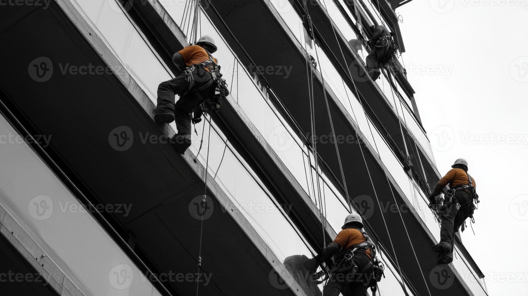 Window Washers Suspended on Ropes Cleaning a Modern Building photo