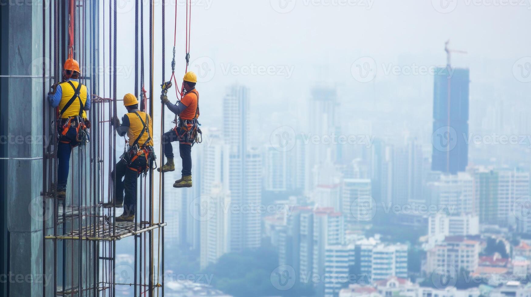 Construction Workers Suspended on Scaffolding During Urban Development photo
