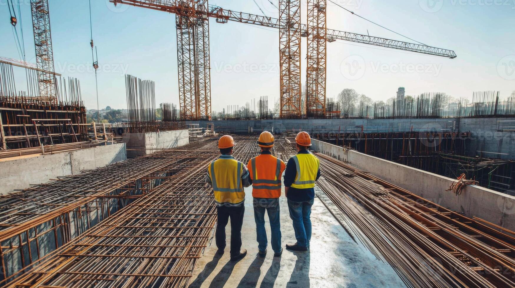 Three Construction Workers Standing on a Concrete Platform with Rebar in the Foreground photo