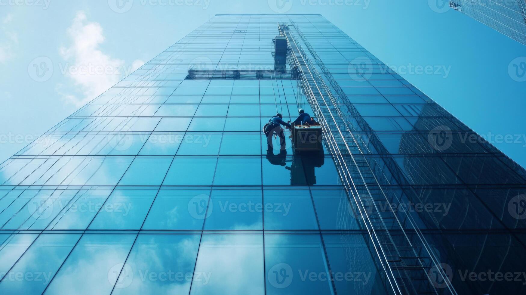 Two Window Cleaners Suspended On A Scaffolding System On The Side Of A Skyscraper photo