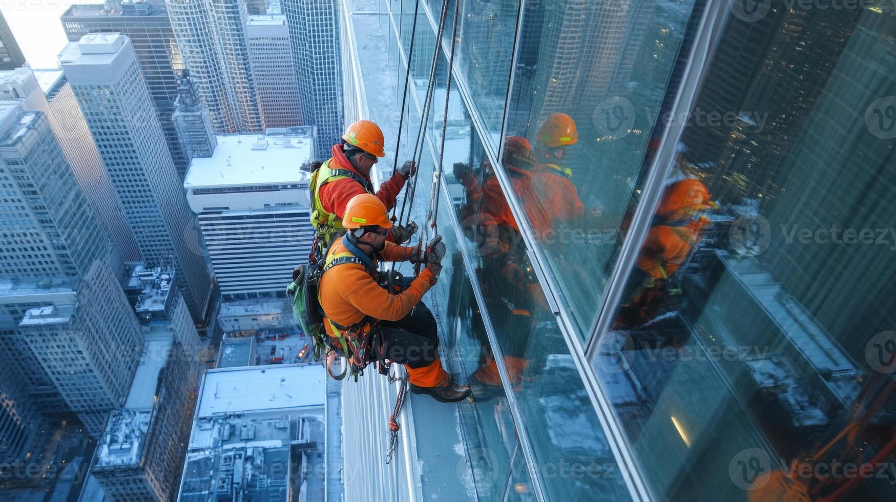 Two window washers working on a skyscraper in a city photo