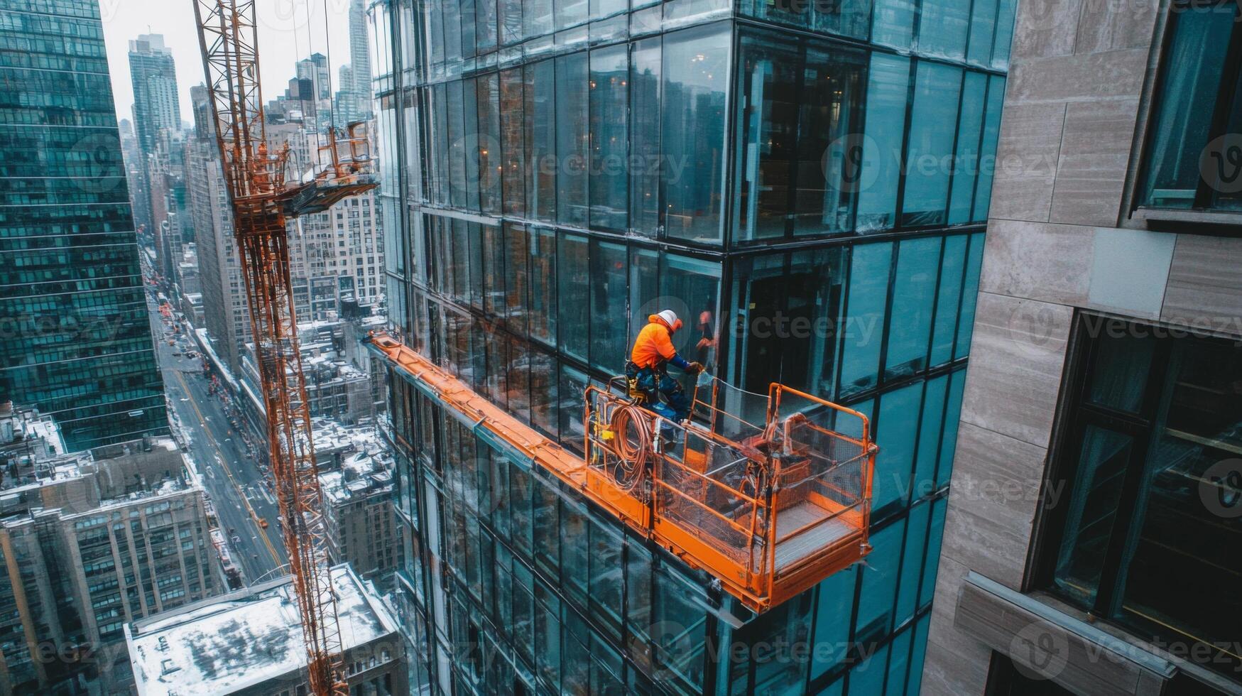 Construction Worker on a Suspended Platform Cleaning Windows on a Skyscraper photo