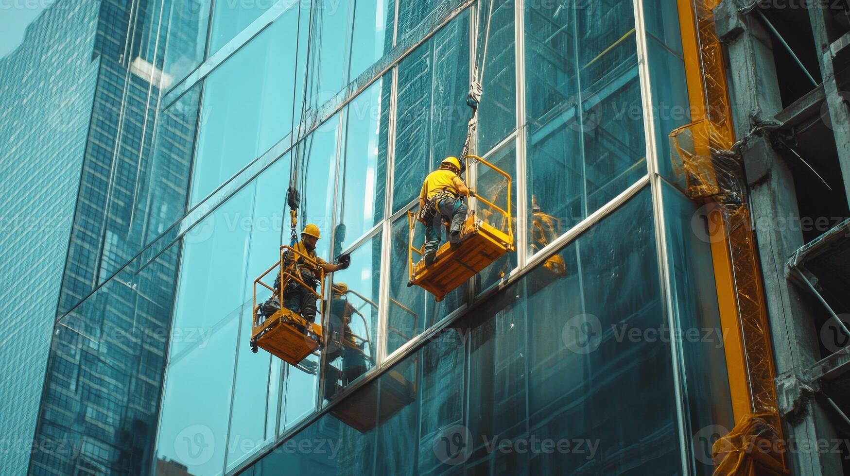 Workers Cleaning Windows on a High-Rise Building photo