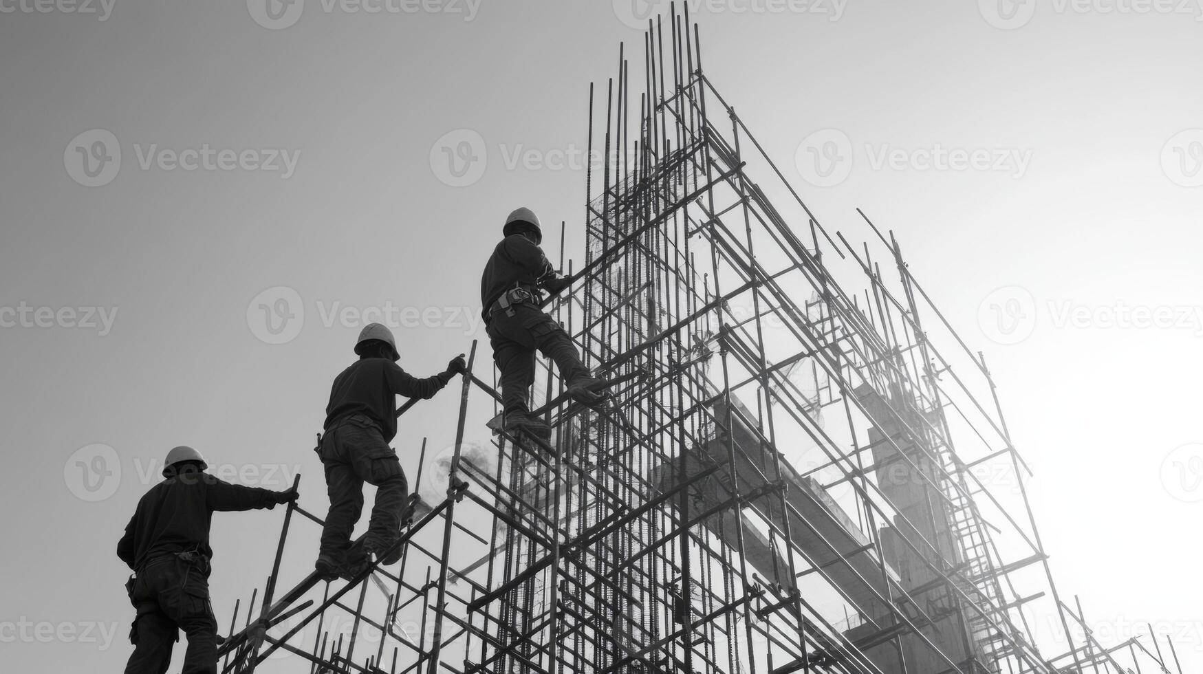 Construction Workers Ascending Scaffolding on a Building Site photo