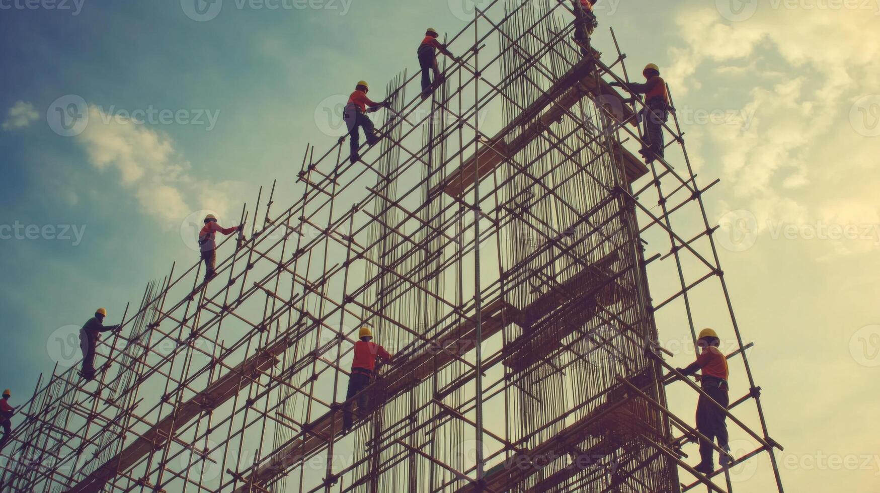 Construction Workers on Scaffolding Against a Cloudy Sky photo
