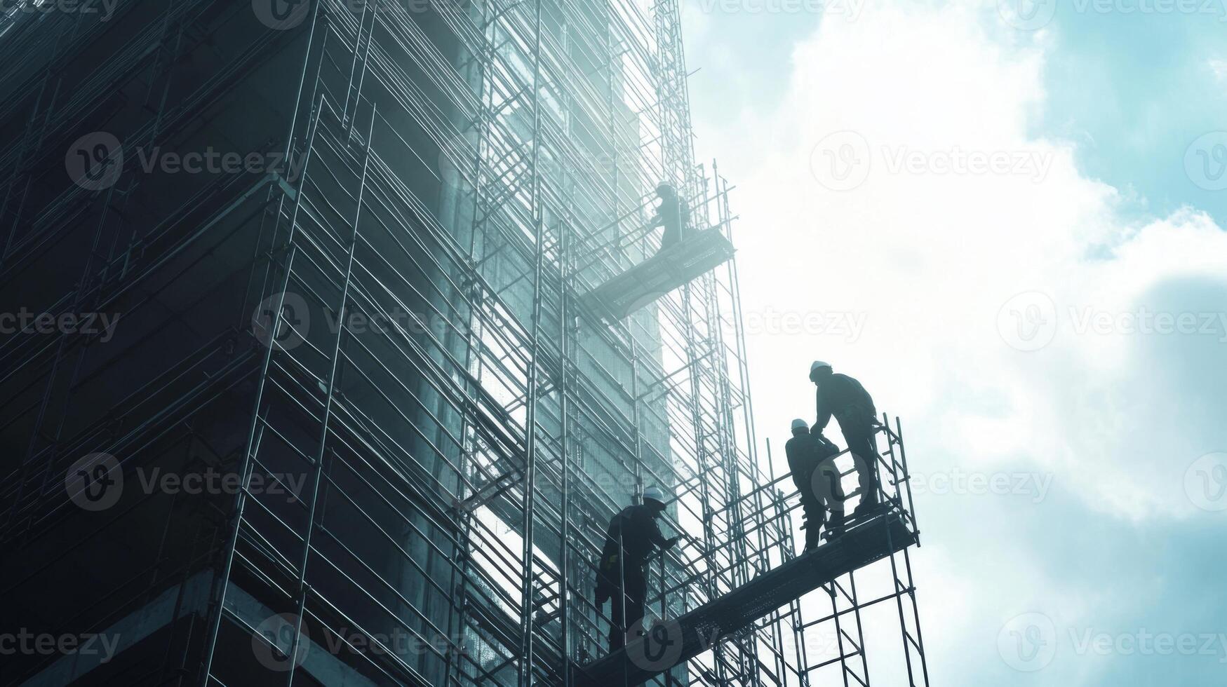 Construction Workers on Scaffolding Against a Cloudy Sky photo
