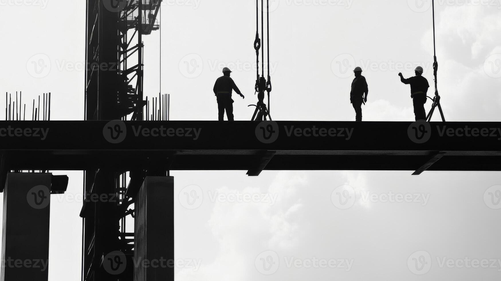 construcción trabajadores silueta en contra nublado cielo en un Alto edificio foto
