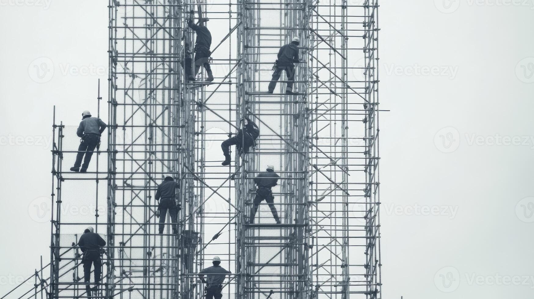 Workers on a Tall Scaffolding Structure During Construction photo