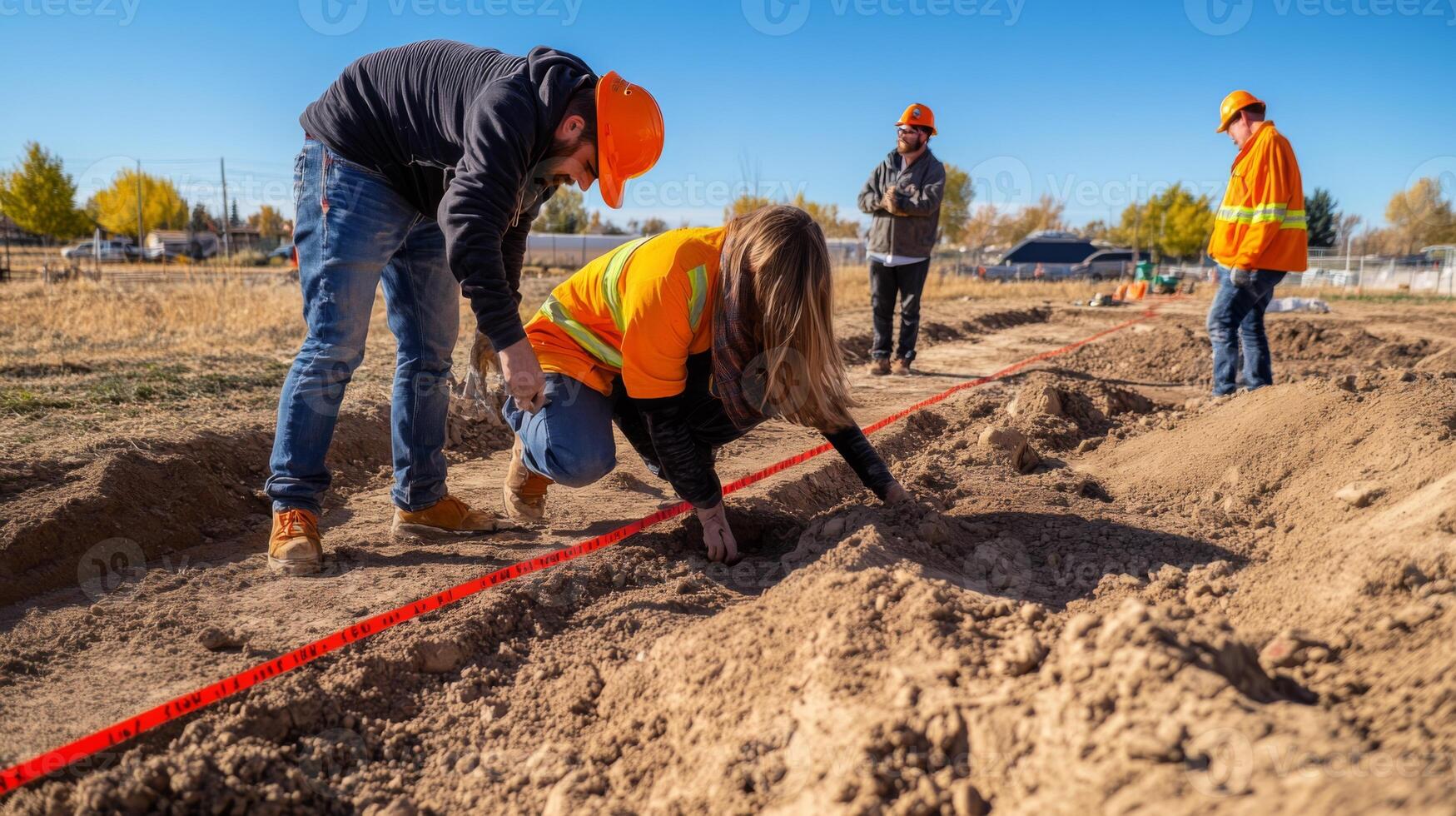 Construction Workers Measuring and Marking a Trench photo