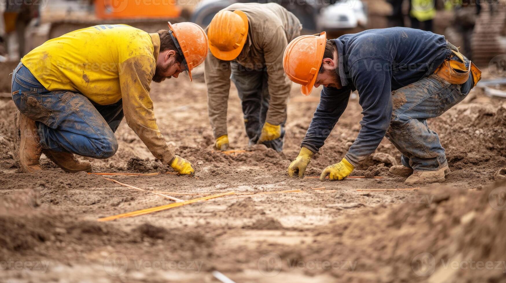 Construction Workers Laying Down Orange Piping in Muddy Ground photo