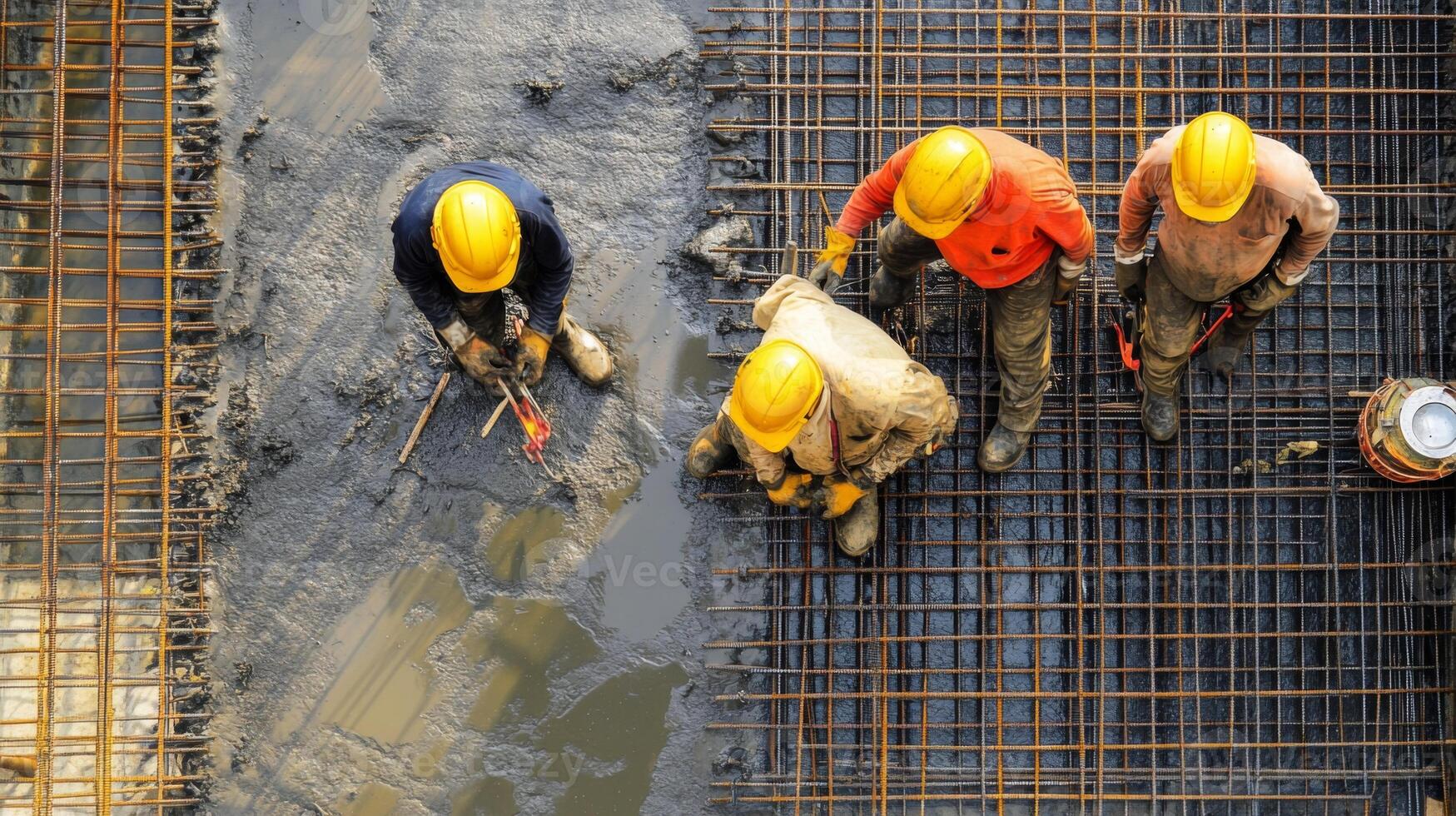 Construction Workers on a Wet Concrete Foundation with Rebar Grid photo