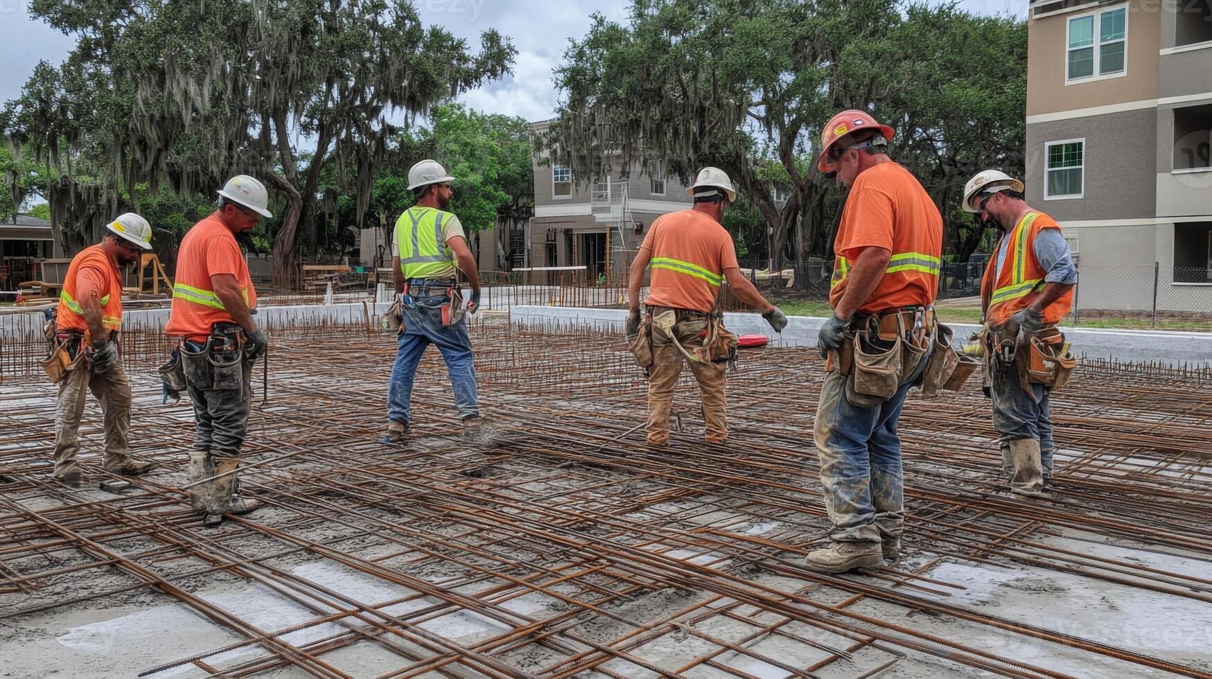 Construction Workers Inspecting Rebar Grid on Concrete Slab photo