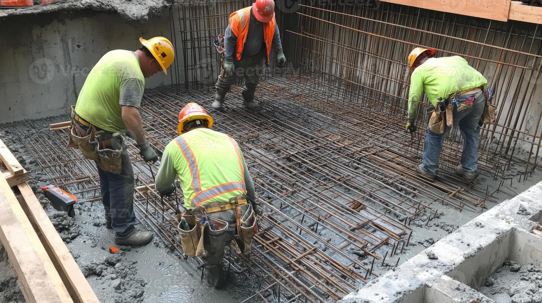 Construction workers pouring concrete into a rebar grid photo