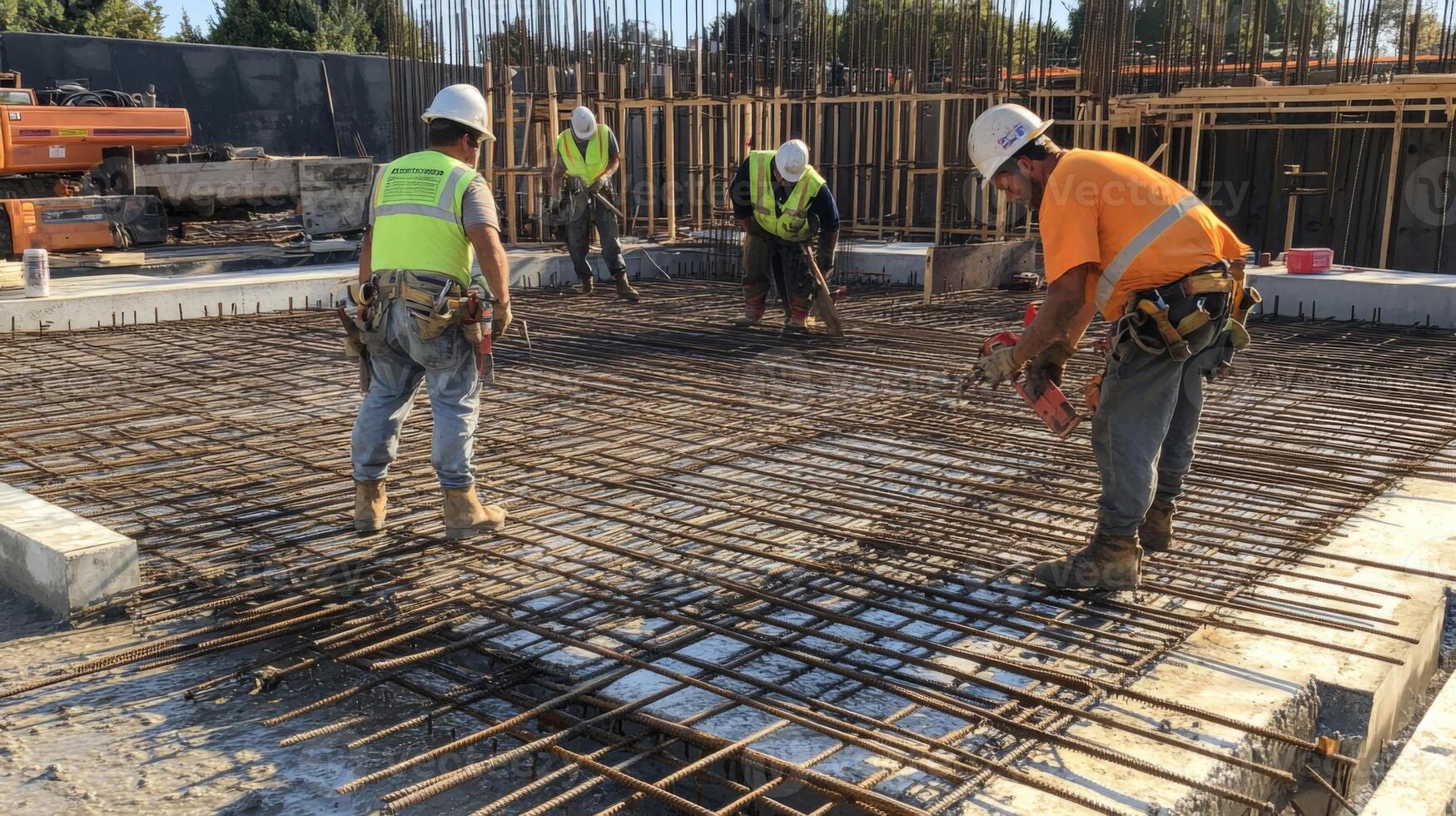 Construction Workers Laying Rebar on a Concrete Slab photo