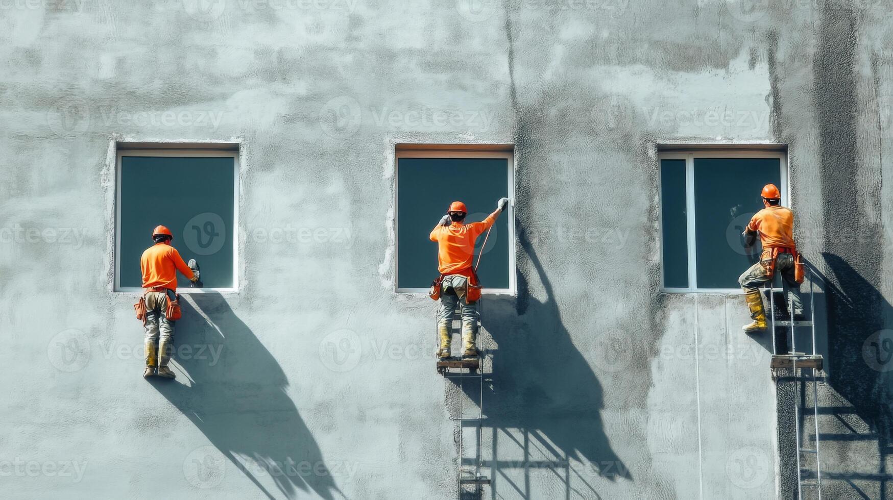 Three Construction Workers on Ladders Working on Windows of a Building photo