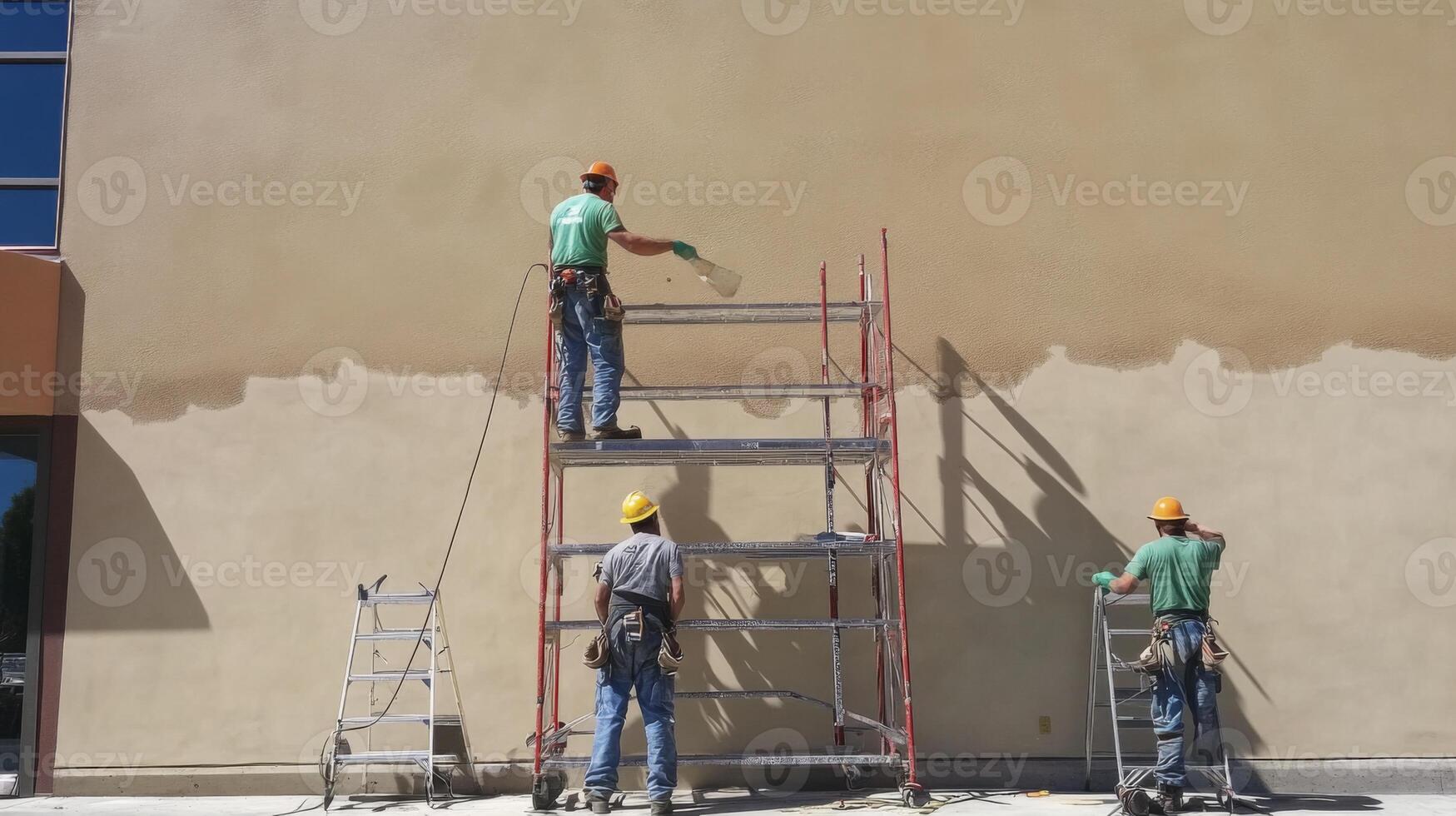 Three Workers Applying Stucco to a Wall photo
