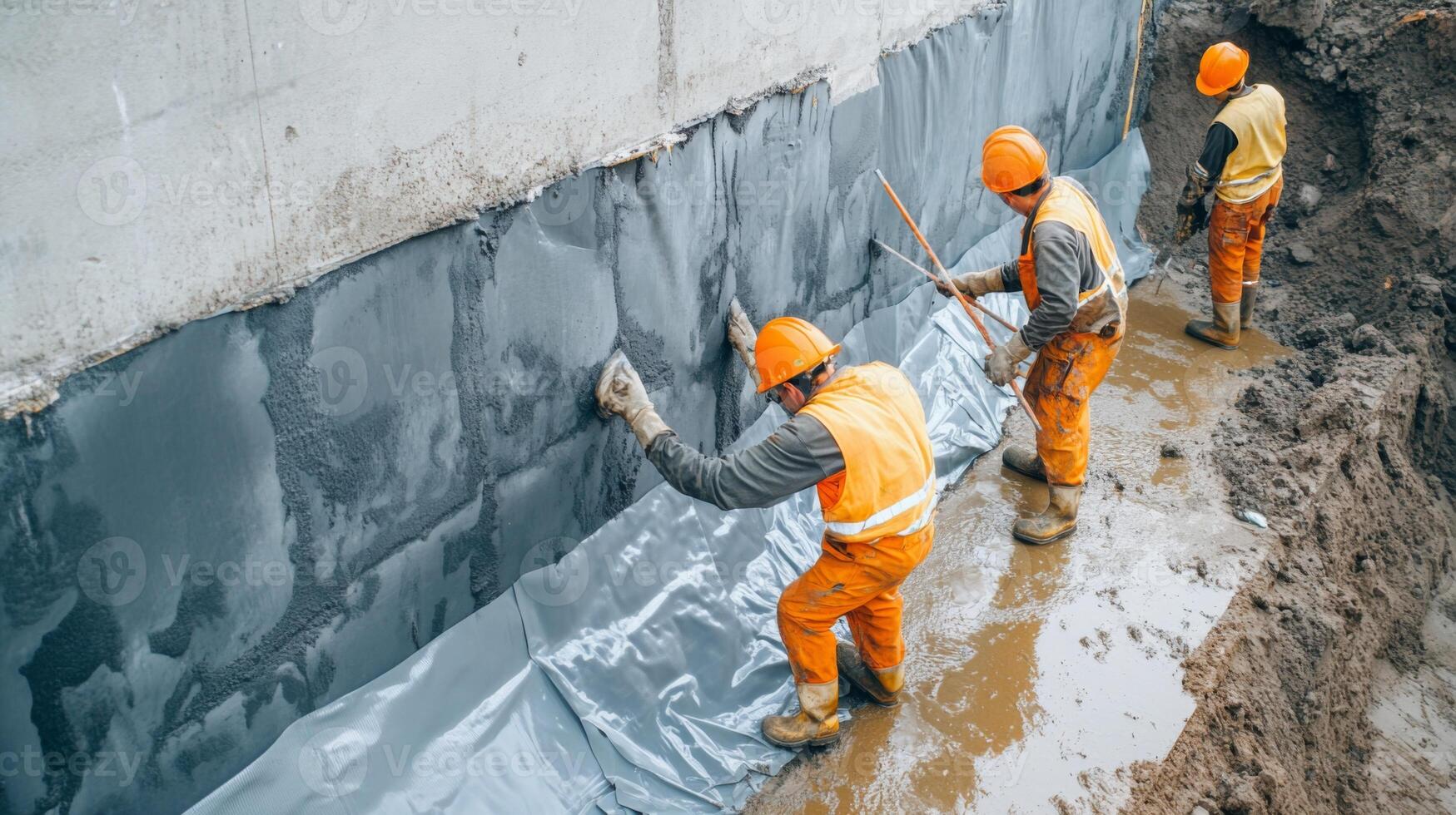 Construction Workers Applying Waterproofing Membrane to Foundation Wall photo