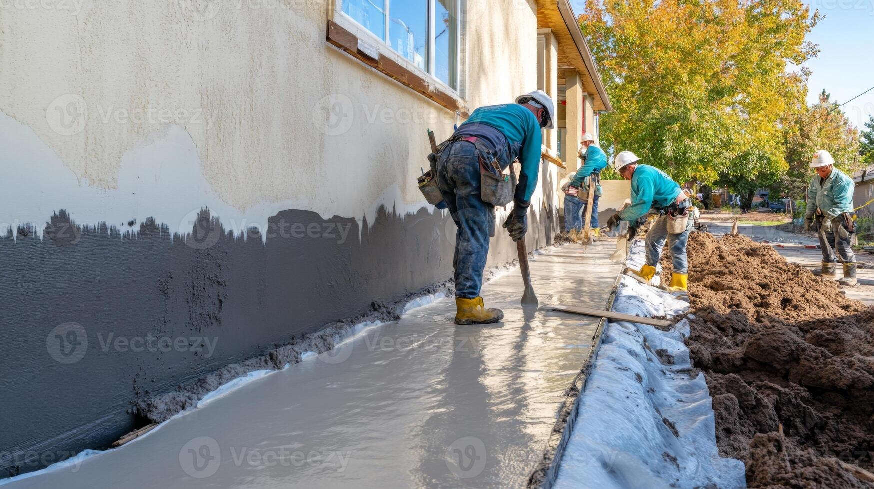 Construction Workers Pouring Concrete Foundation for a House photo