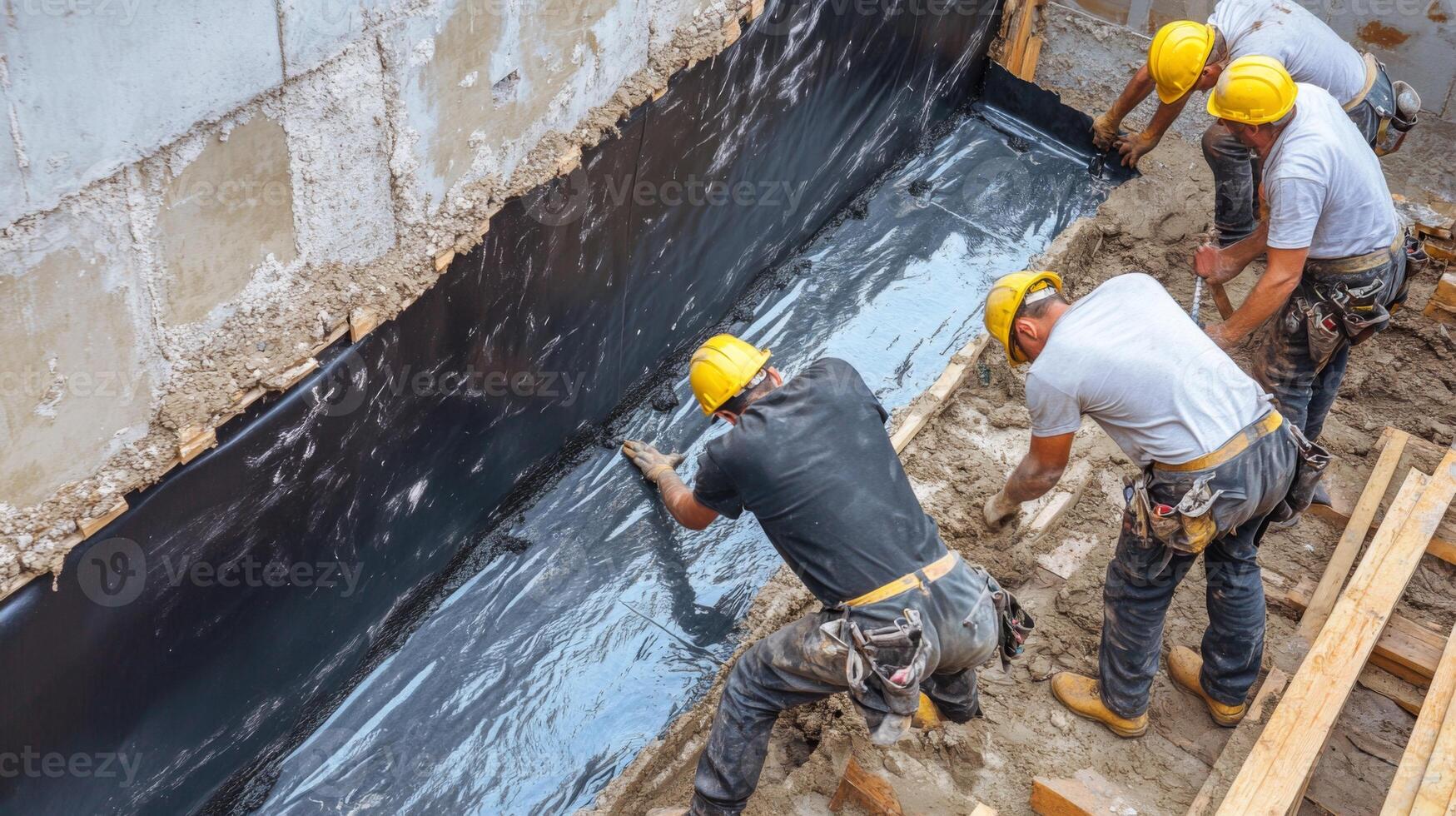 Construction Workers Applying Waterproofing Membrane to Foundation Wall photo