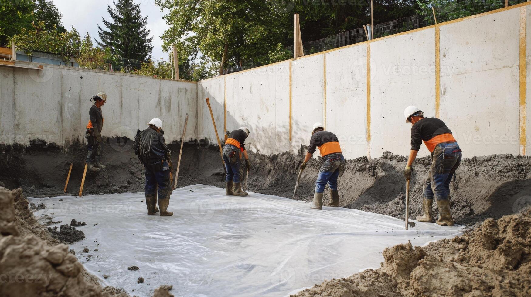 Construction Workers Spreading Concrete on a Foundation photo
