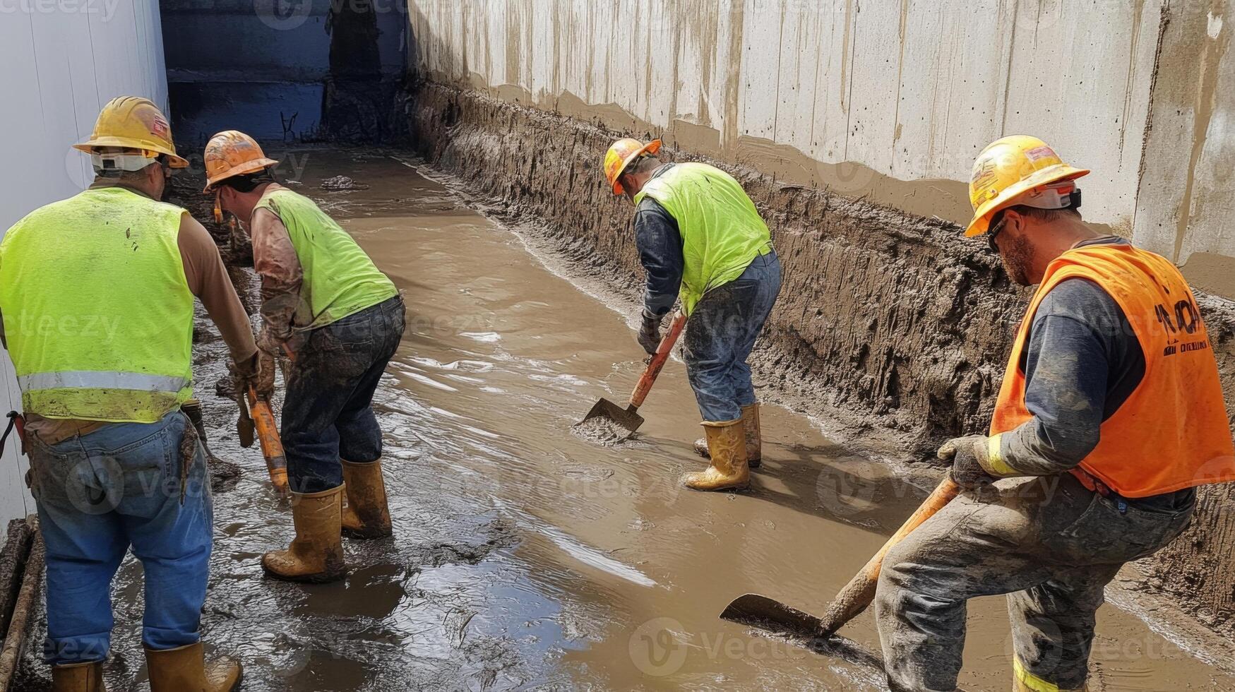 Construction Workers in Mud with Shovels photo
