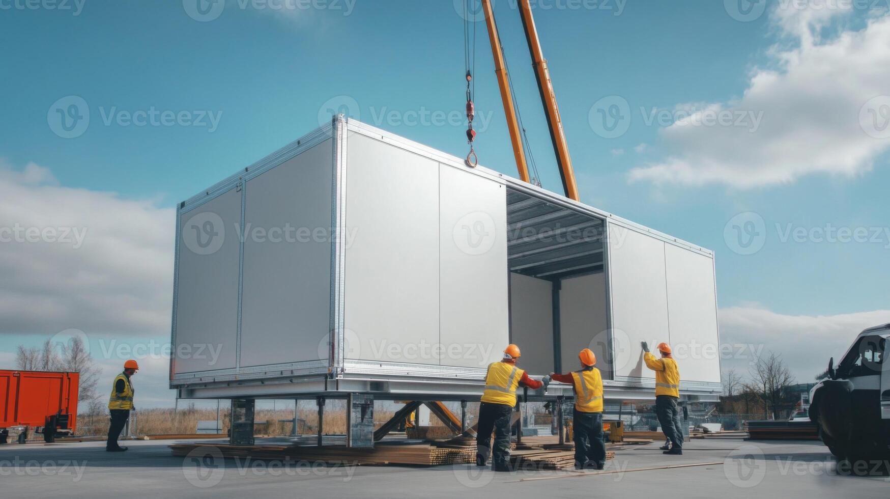 Workers Secure a Large White Container During Construction photo