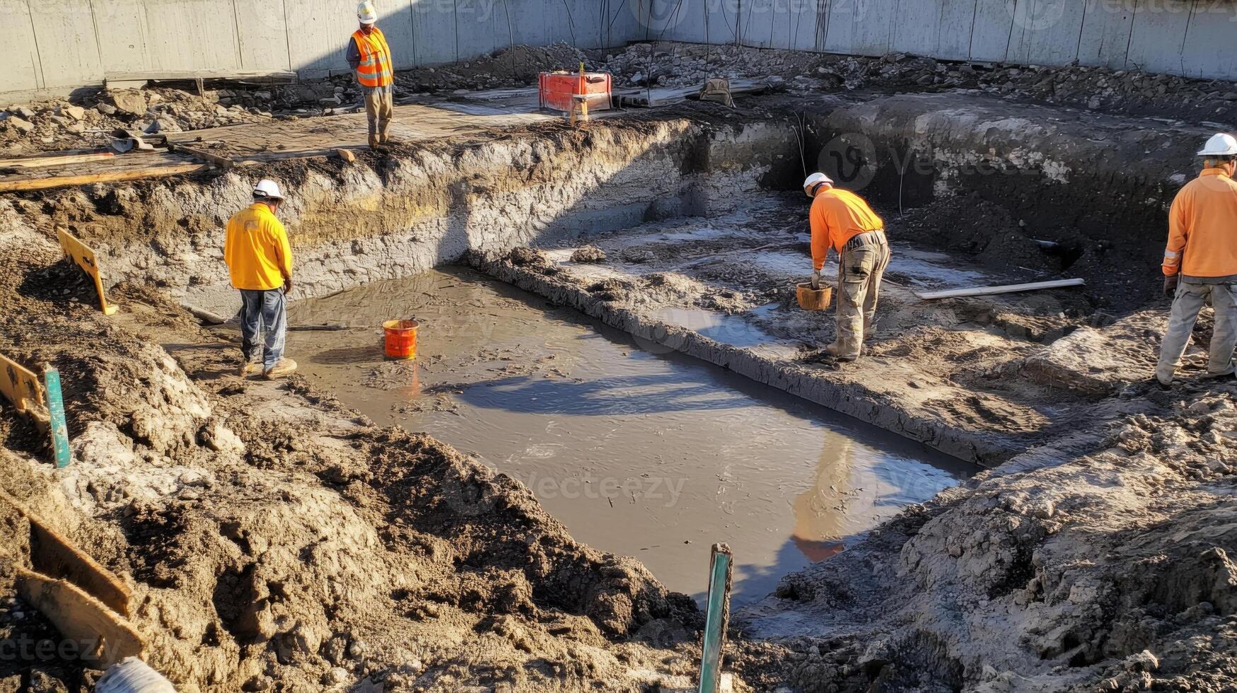 Construction Workers Inspecting a Mud-Filled Excavation Site photo