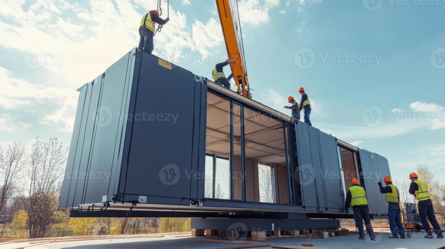 Construction Workers Lifting a Prefabricated Modular Home Section photo