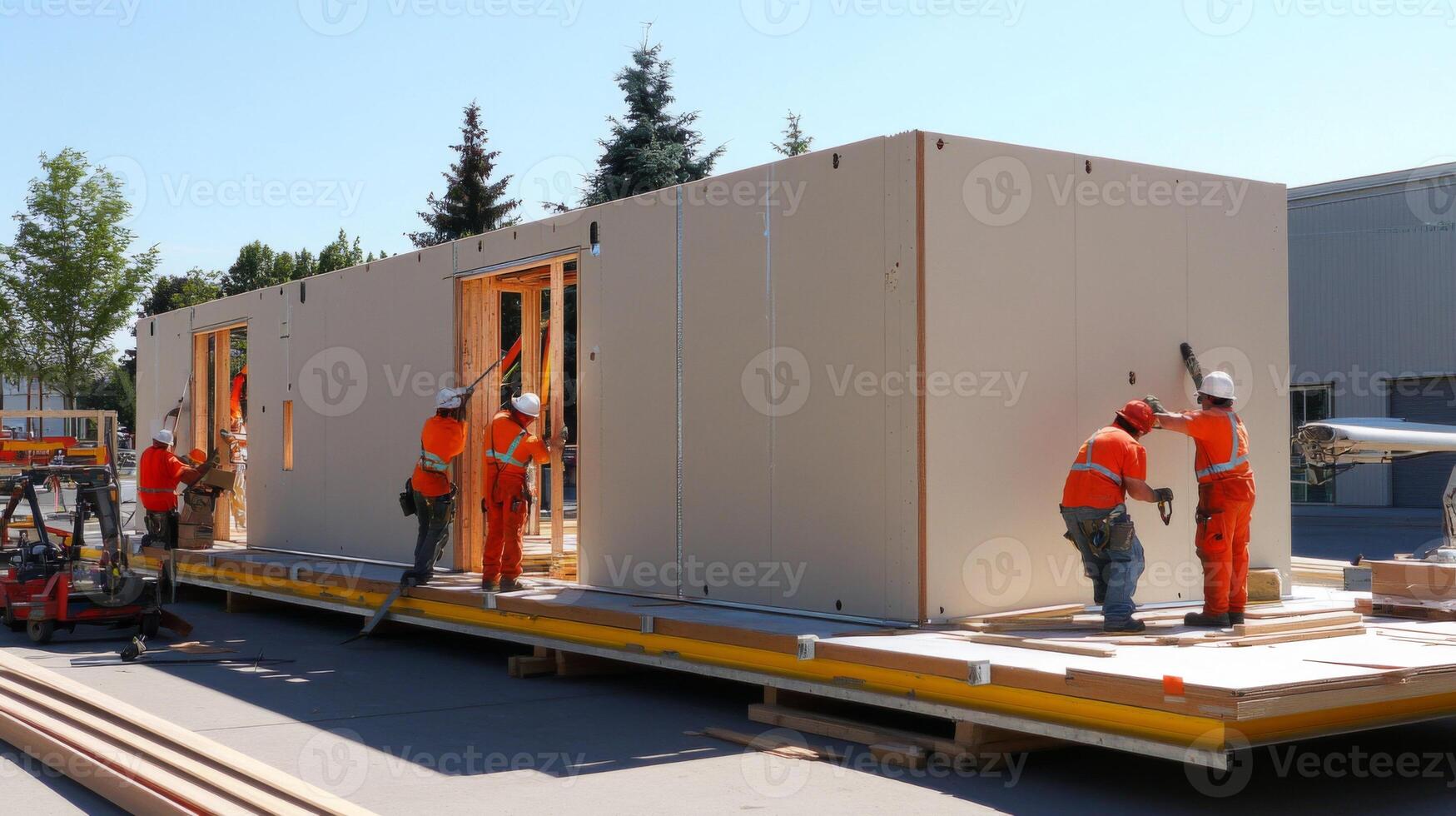 Construction Workers Assembling a Modular Home Section photo