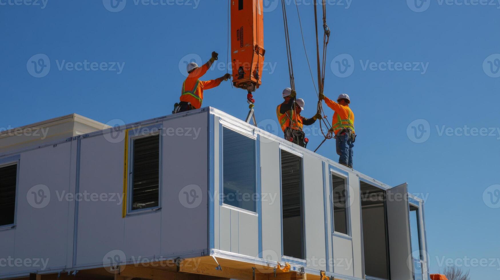 Workers Using a Crane to Lift a Modular Building Section photo