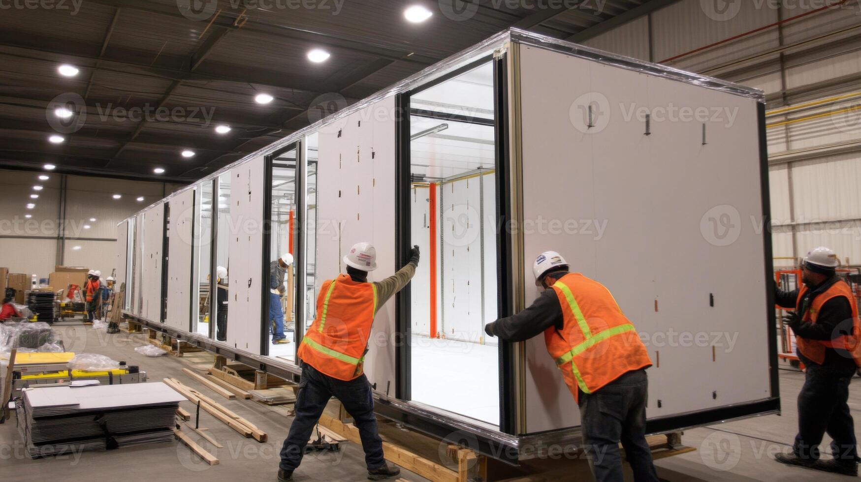 Construction Workers Assembling a Prefabricated Modular Building photo