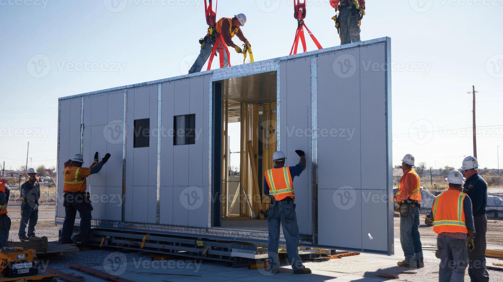 Workers installing prefabricated wall panel on a building under construction photo