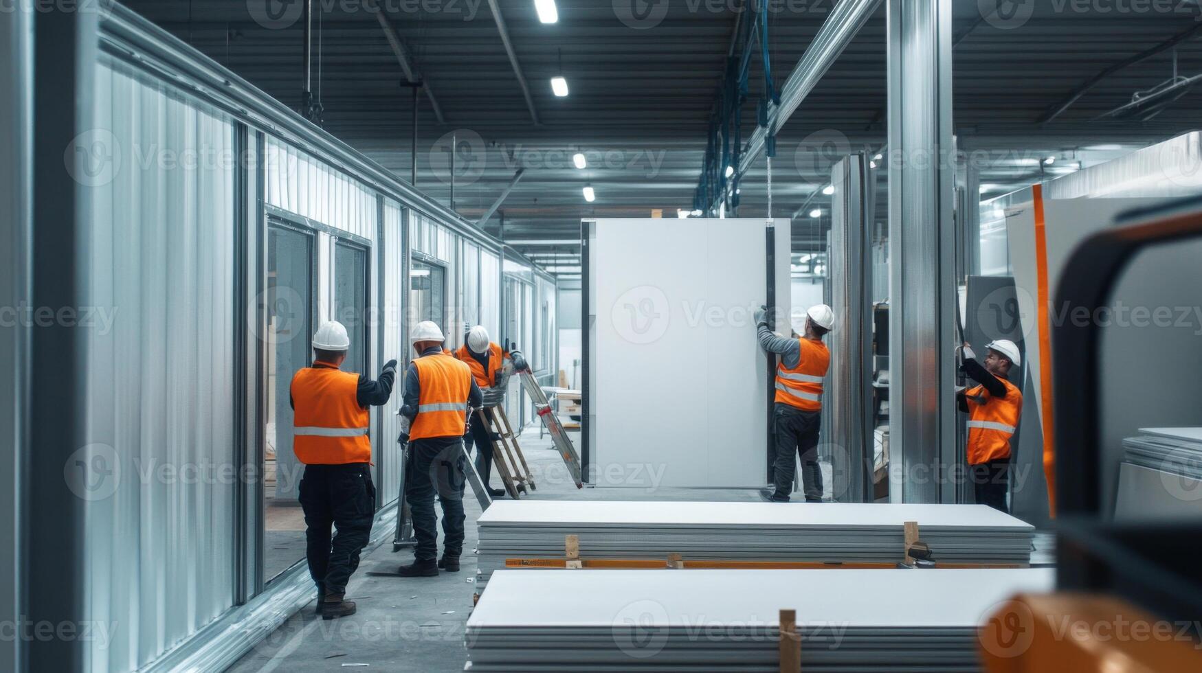 Construction Workers Installing Panels in a Building Under Construction photo