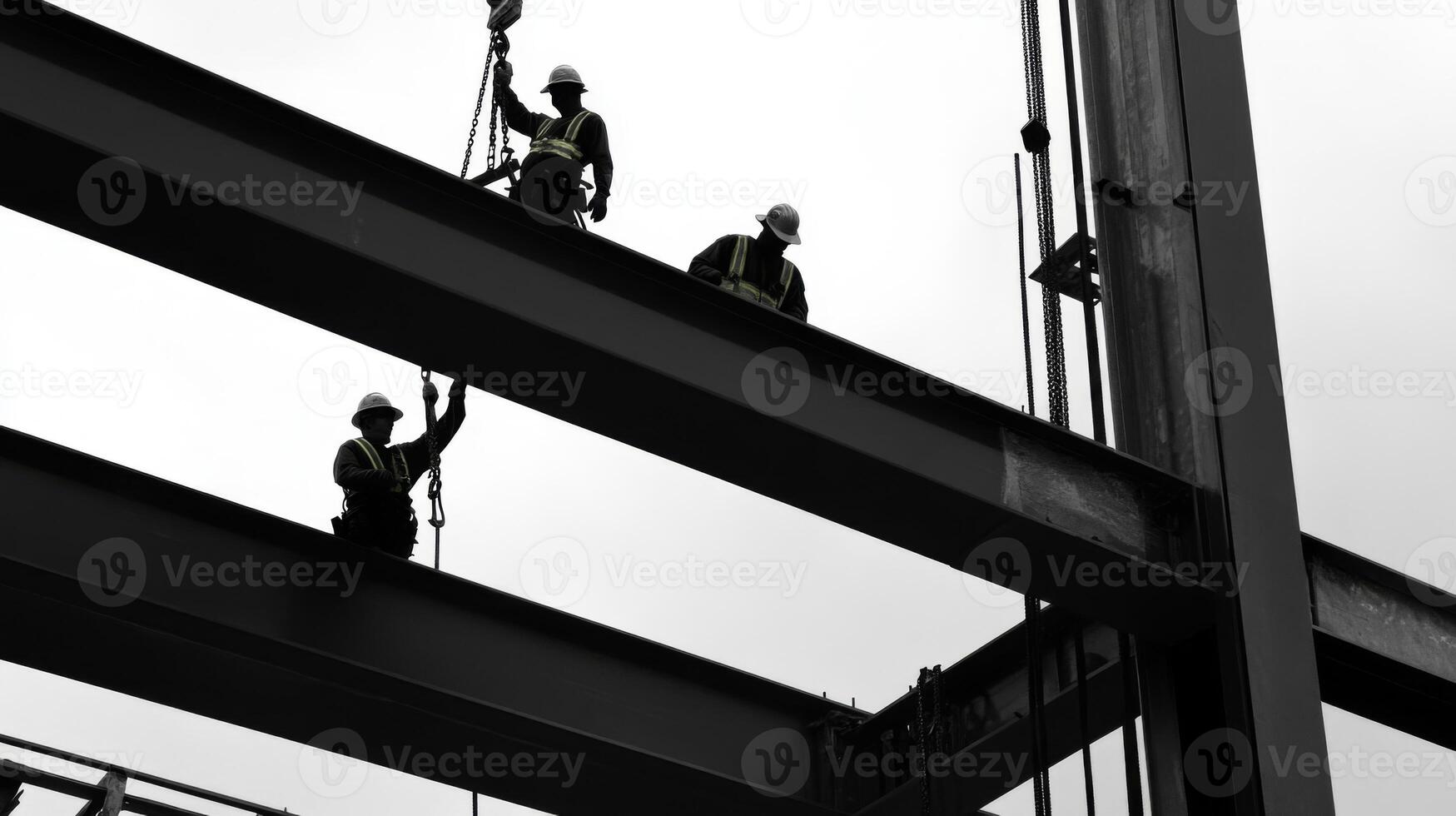 Construction Workers Installing Steel Beams on a Building photo