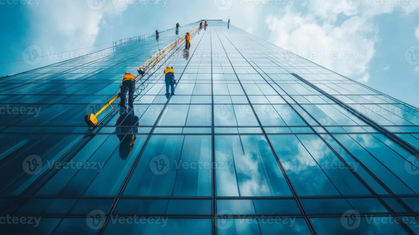 Workers Cleaning Windows on a Tall Glass Skyscraper photo