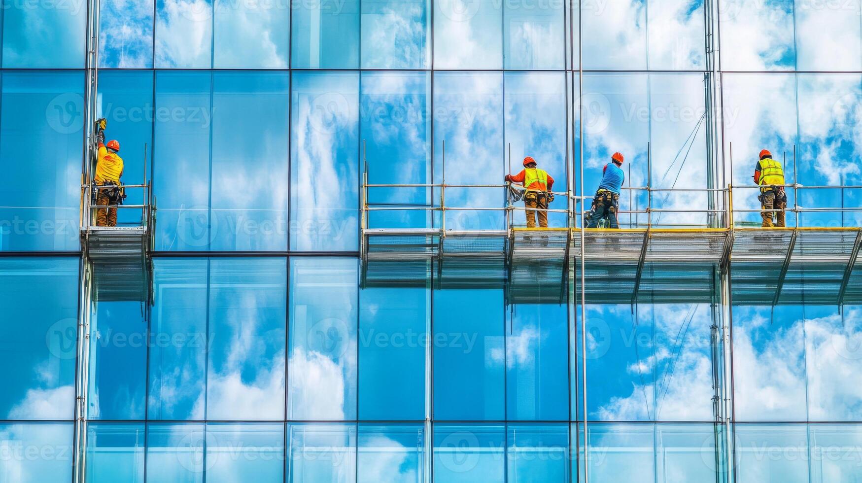 Workers Cleaning Glass Facade of a Modern Building photo