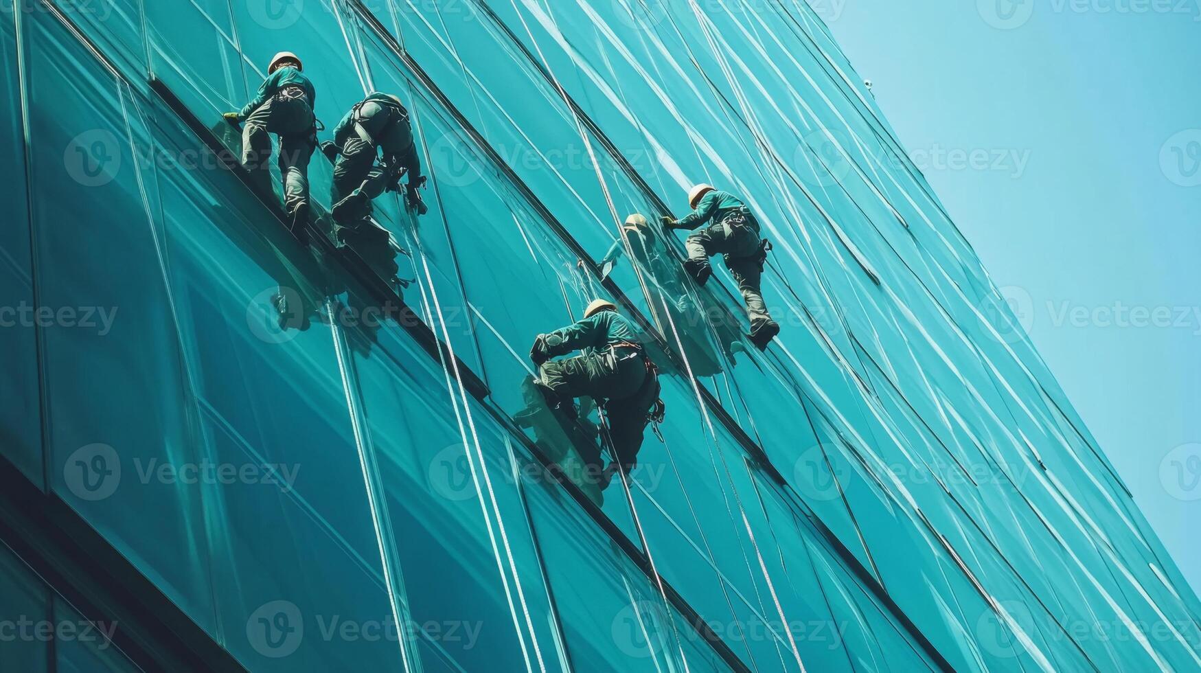 Workers Cleaning the Glass Facade of a Modern Building photo