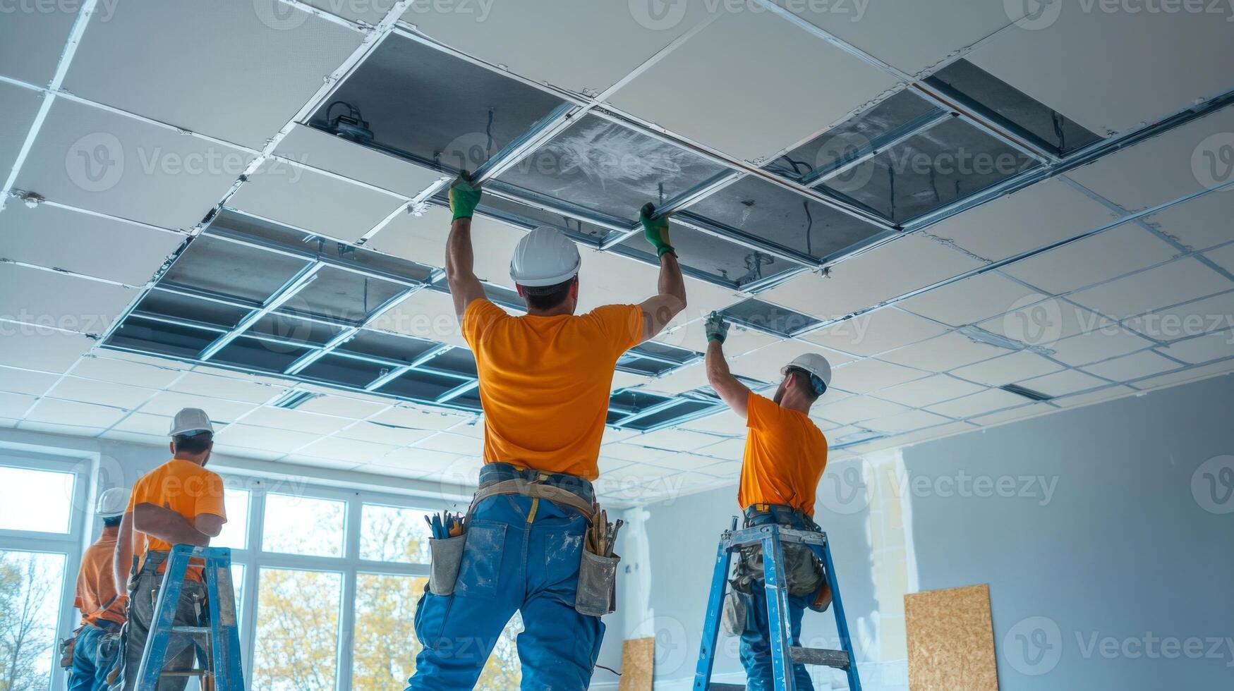 Construction Workers Installing a Ceiling Grid in a New Building photo