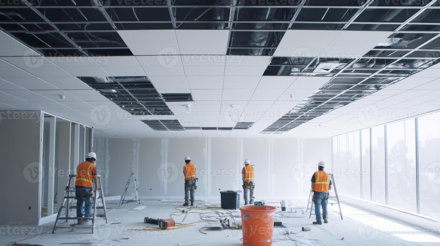 Construction Workers Installing a Suspended Ceiling in an Office Building photo