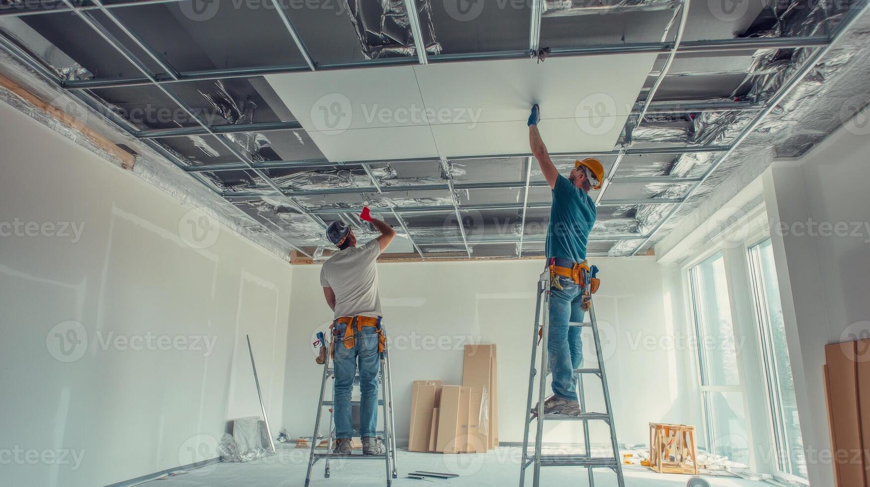 Two Construction Workers Installing Ceiling Tiles in a Room Under Construction photo