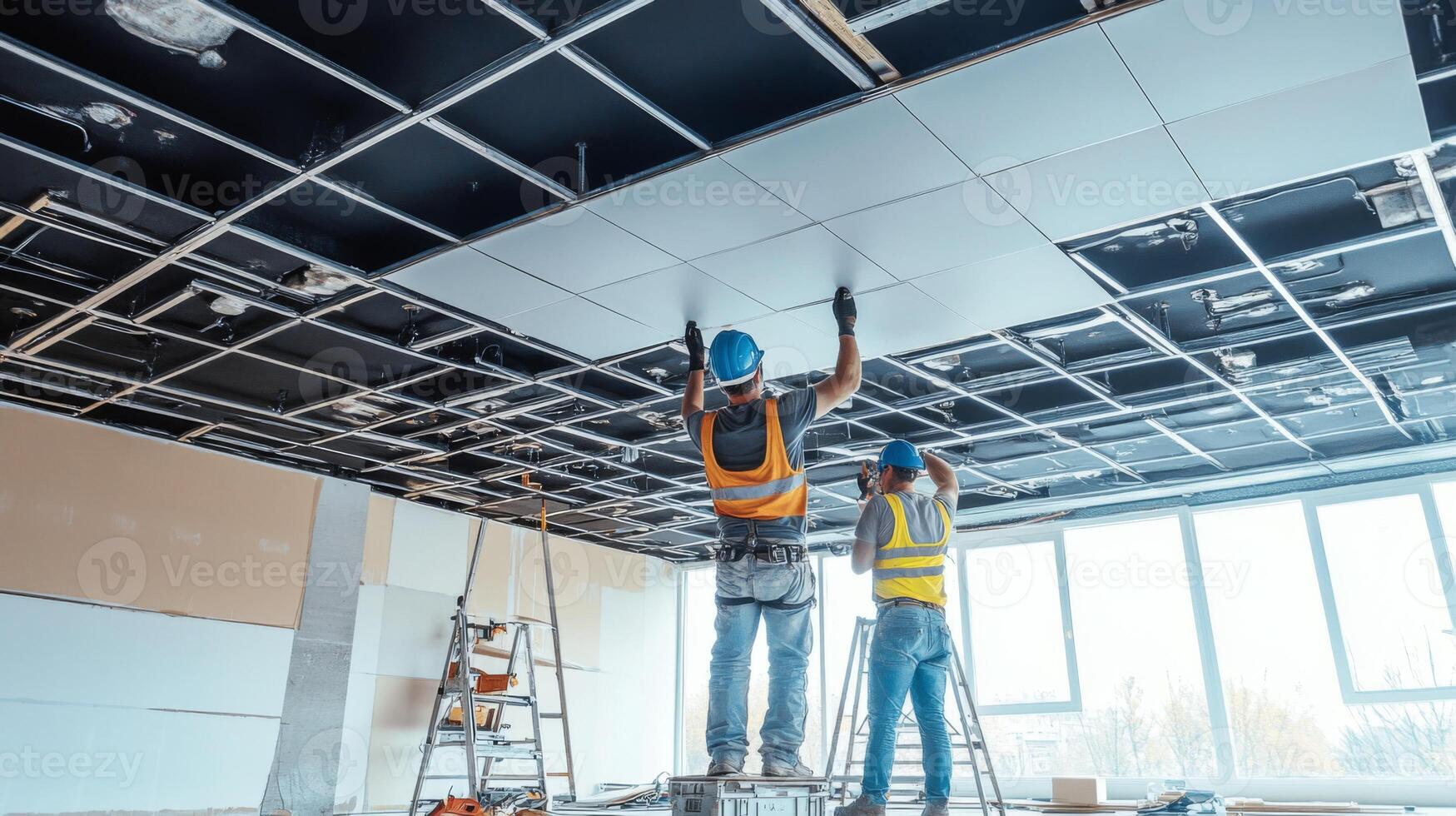 Two Construction Workers Installing Ceiling Tiles photo
