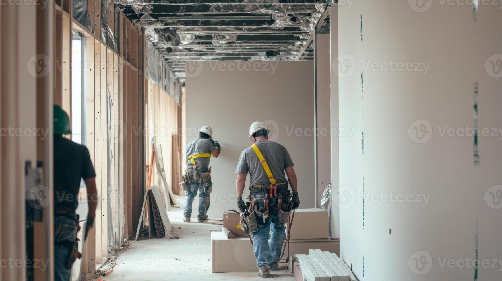 Construction Workers Walking Through Unfinished Building Hallway photo