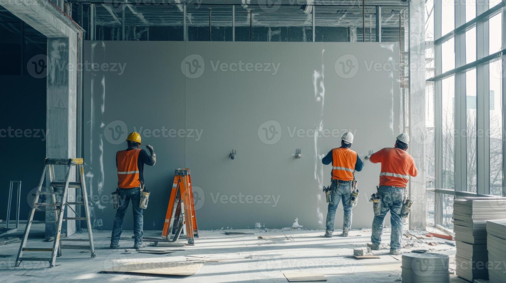 Construction Workers Installing Drywall in a New Building photo