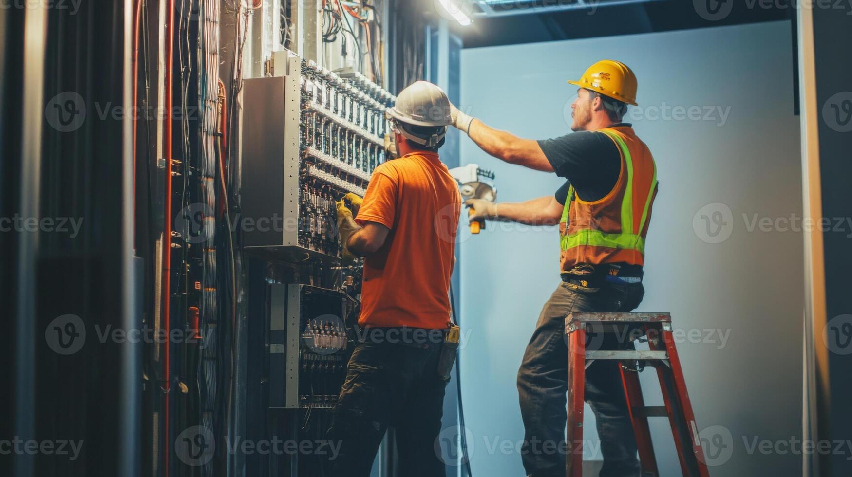 Two Electricians Working on Electrical Panel in a Building photo