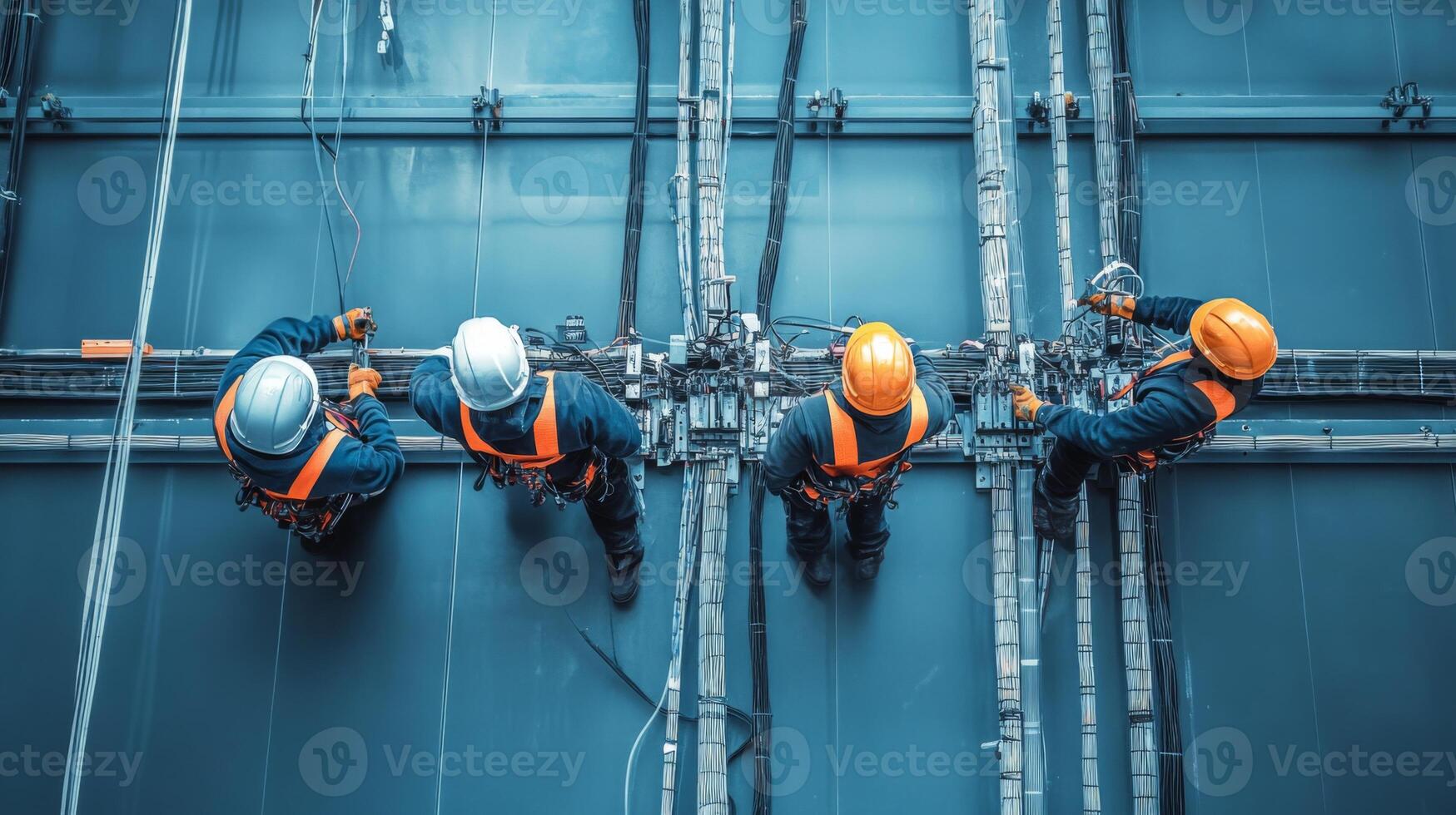 Four Electricians Working on a Complex Network of Cables photo