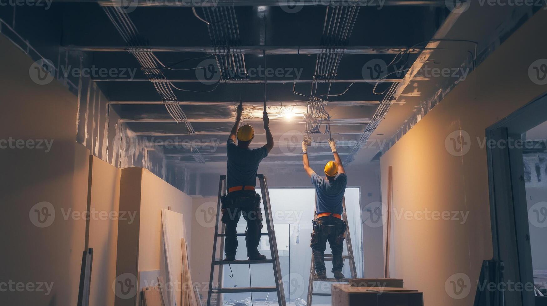 Two Construction Workers Installing Electrical Wiring in a Building photo