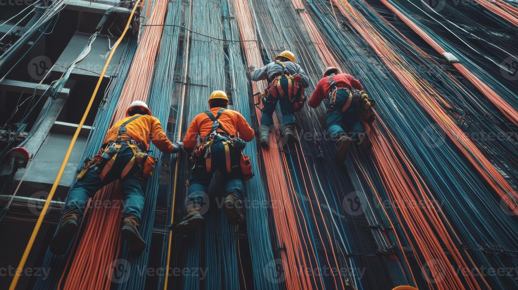 Workers Inspecting and Maintaining a Complex Web of Cables photo
