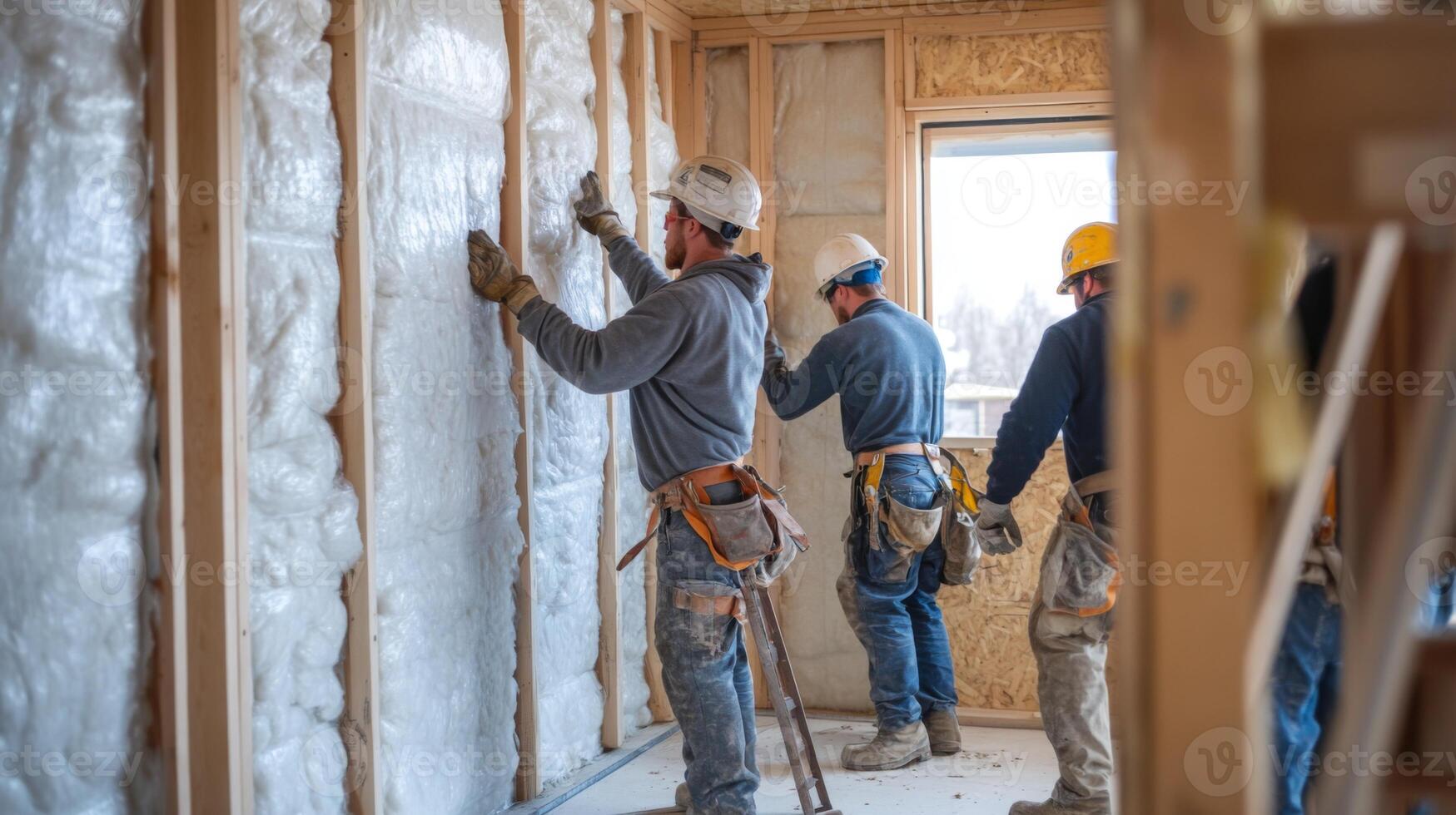 Construction Workers Installing Insulation in a Wall Frame photo