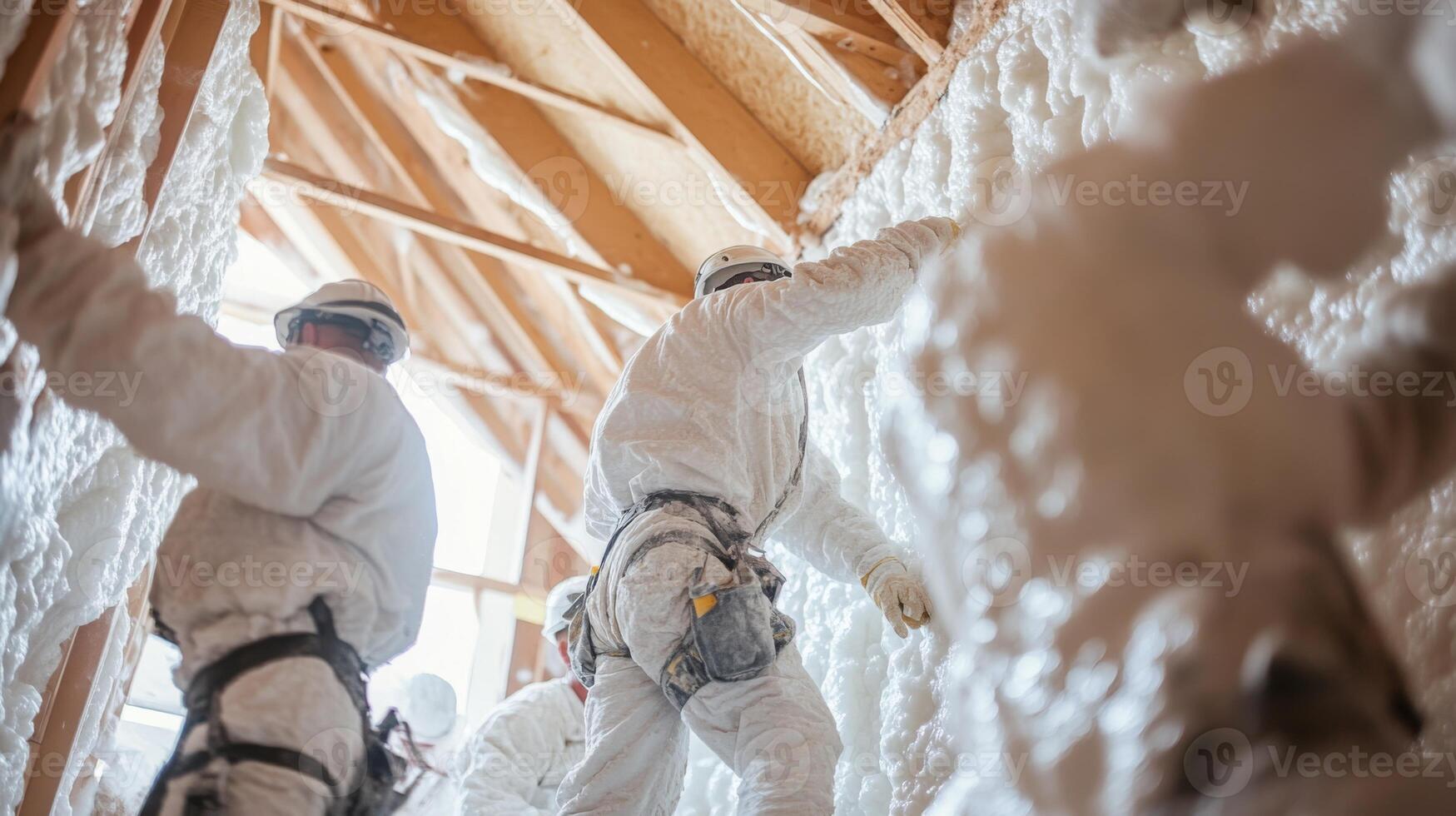 Construction Workers Applying Foam Insulation in an Attic Space photo