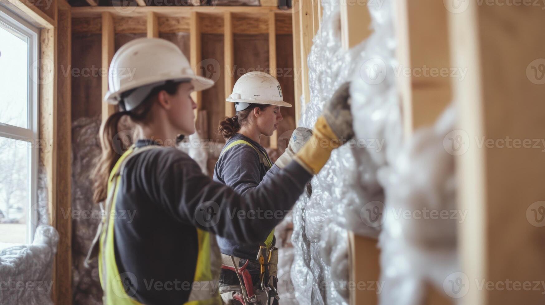 Two Construction Workers Installing Insulation in a New Home photo